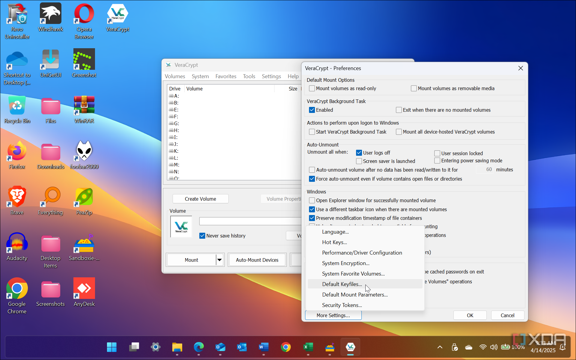 Shows VeraCrypt running with settings open on Windows 11