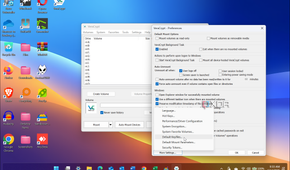 Shows VeraCrypt running with settings open on Windows 11