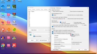 Shows VeraCrypt running with settings open on Windows 11