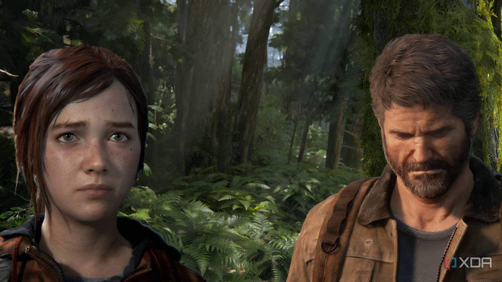 An image of a young Ellie and an older Joel against a forest backdrop.