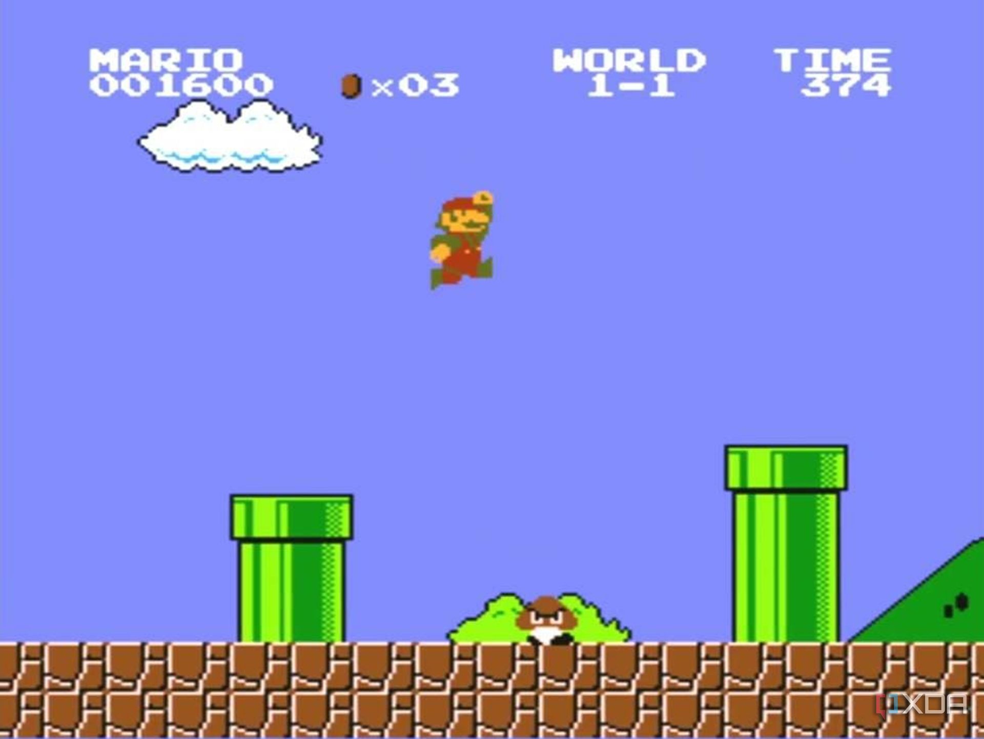 an image of mario jumping in World 1-1 in Super Mario Bros.