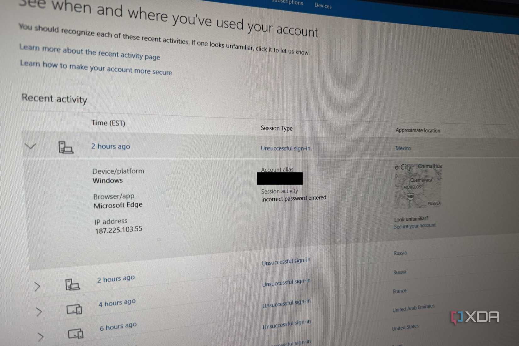 picture of microsoft account failed logins page