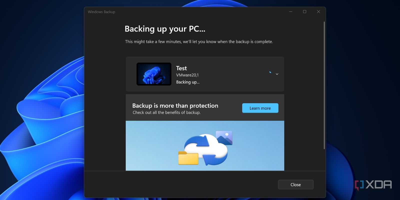 Screenshot of Windows Backup app in progress