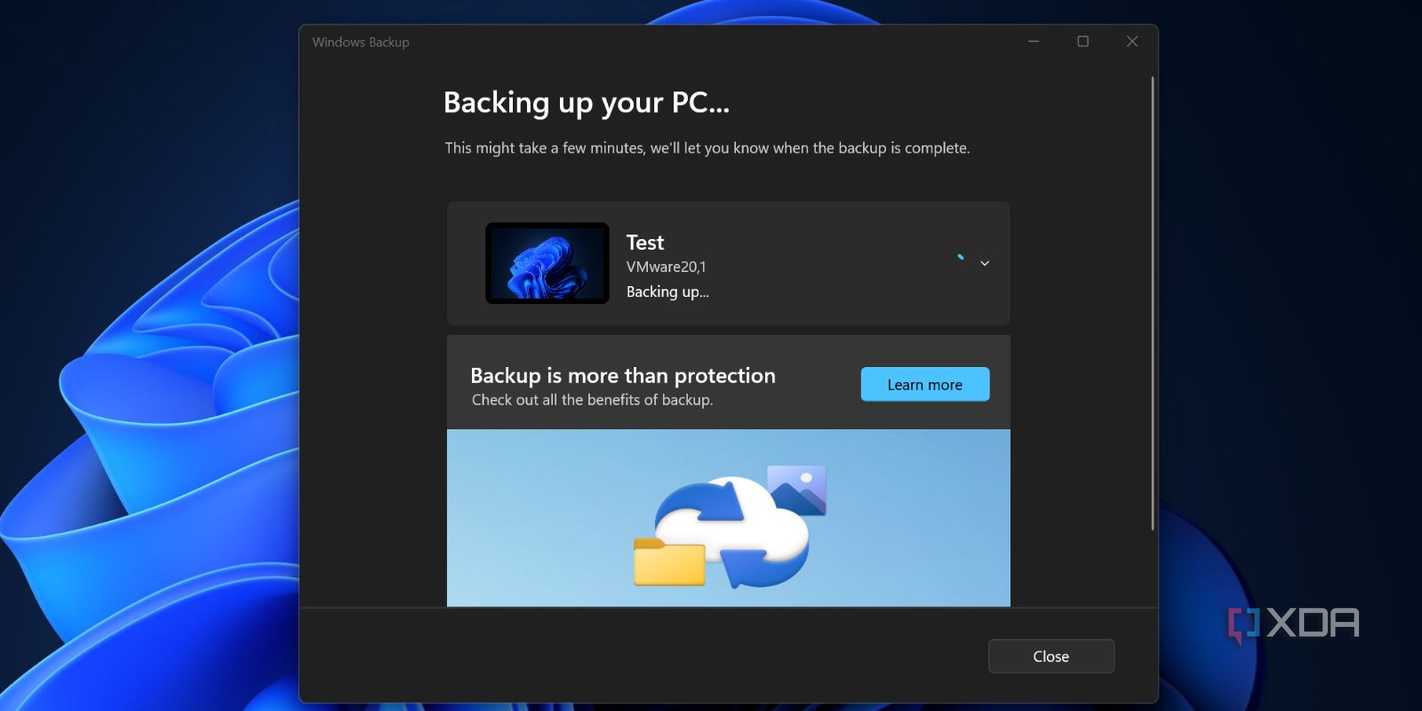 Screenshot of Windows Backup app in progress