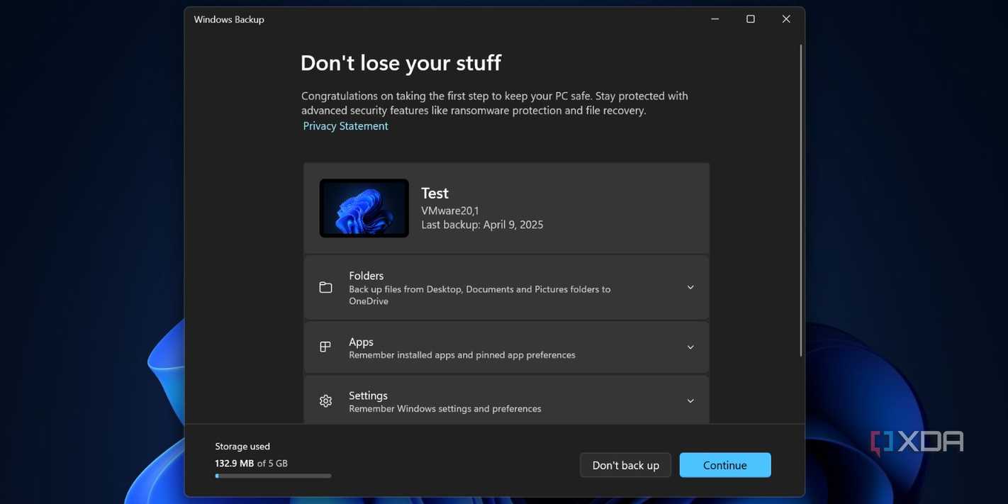Screenshot of Windows backup app main page