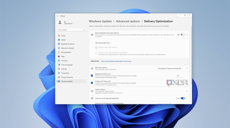 Screenshot of the Windows Update delivery optimization page showing bandwidth limits of 10% for downloading updates