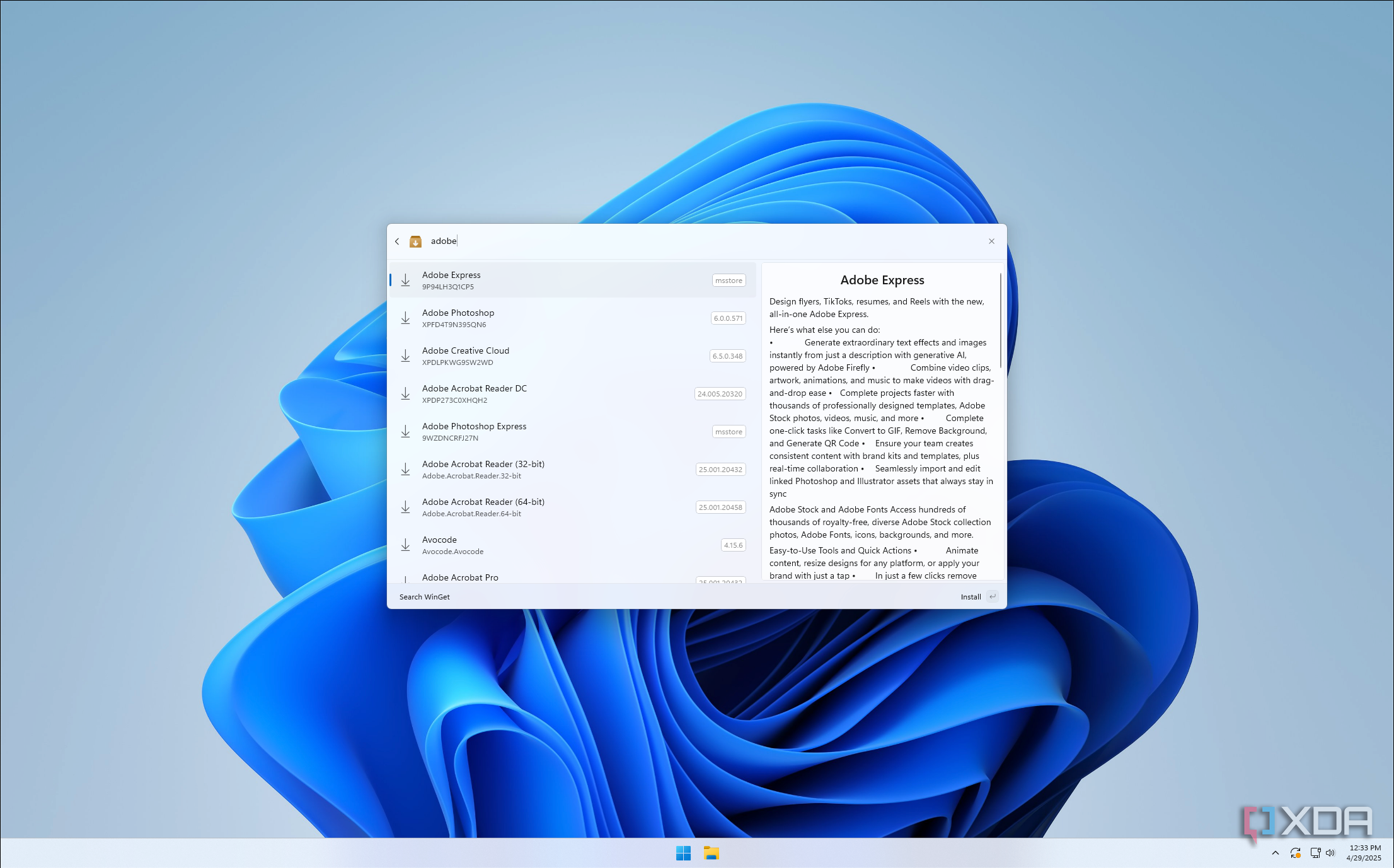 Screenshot of a WinGet search for adobe in PowerToys Command Palette