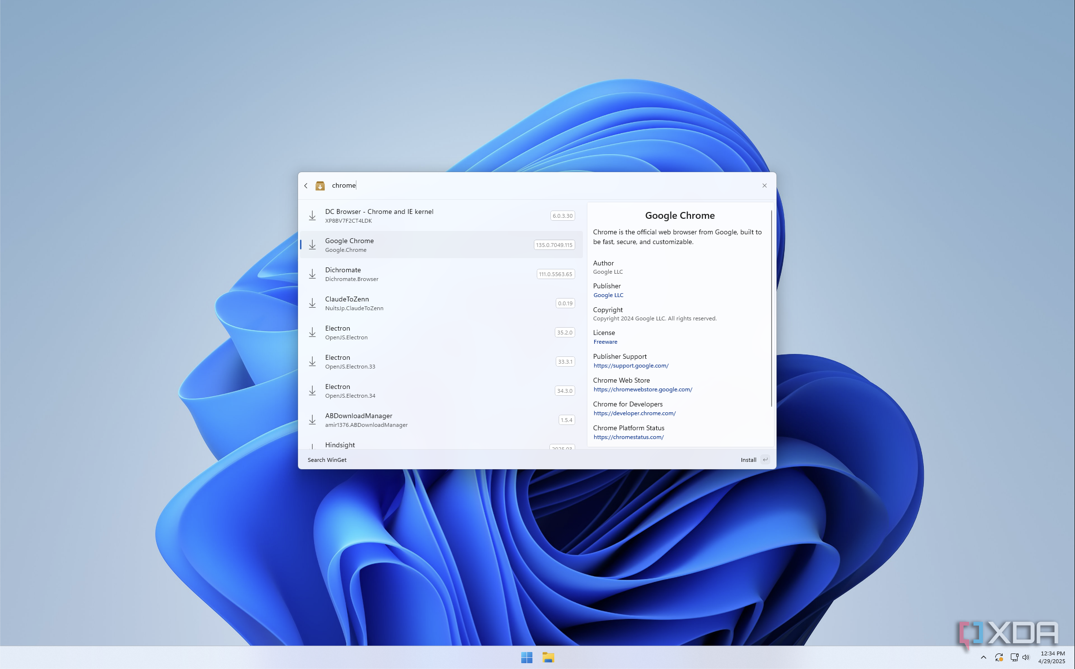 Screenshot of a WinGet search for chrome in PowerToys Command Palette 