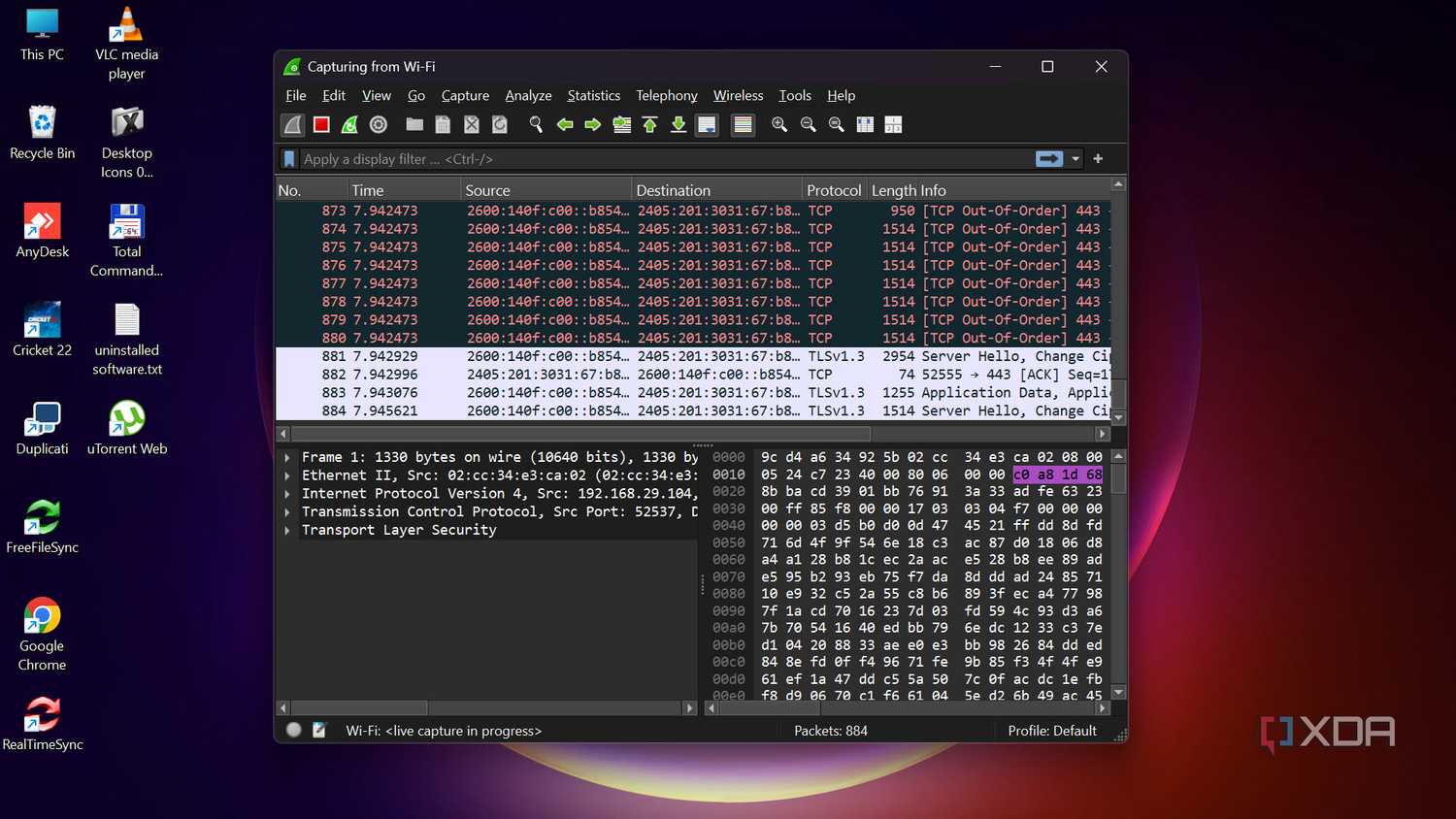 Wireshark capturing from Wi-Fi