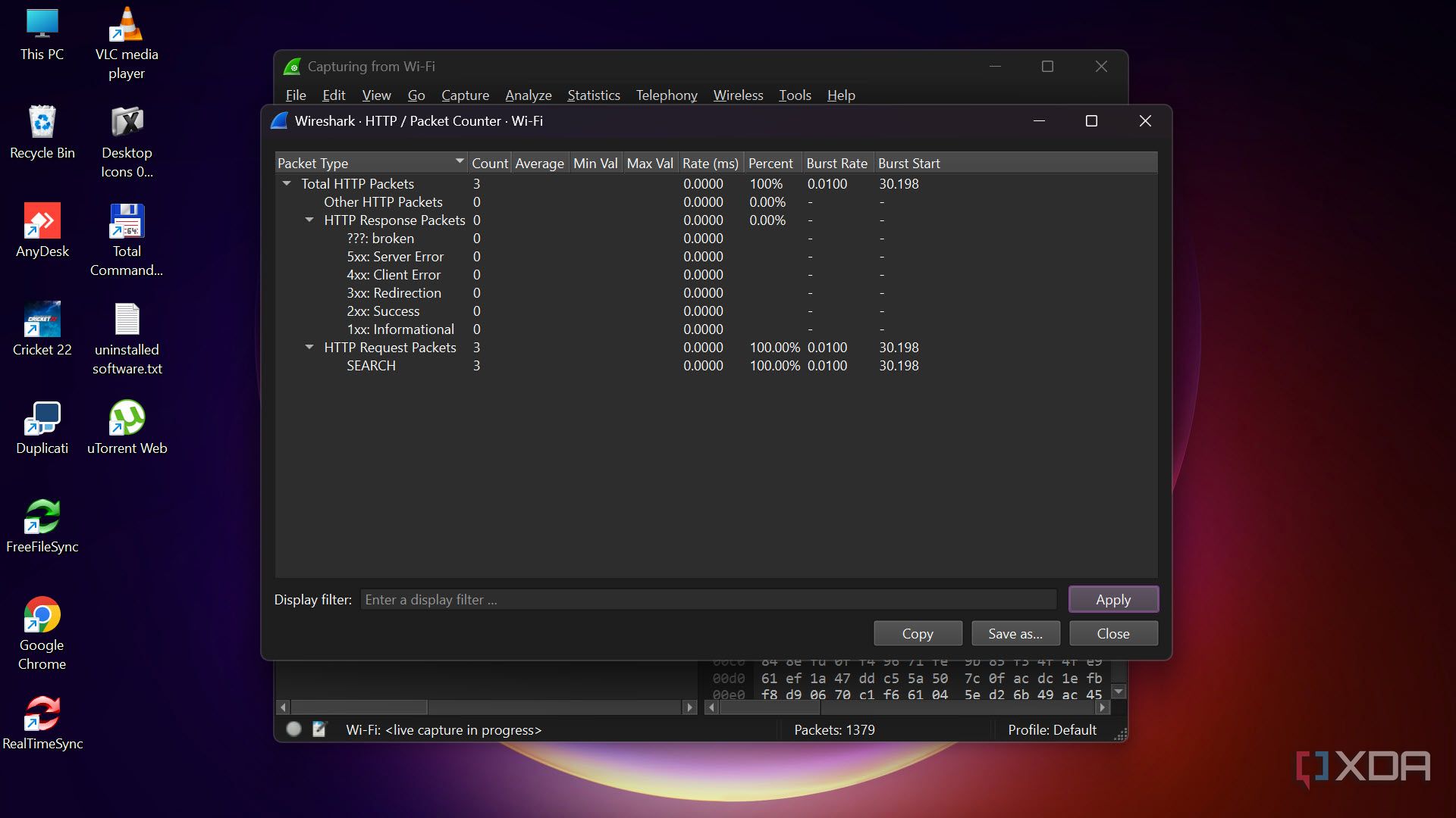 Wireshark packet counter