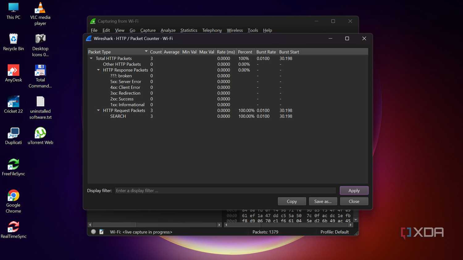 Wireshark packet counter