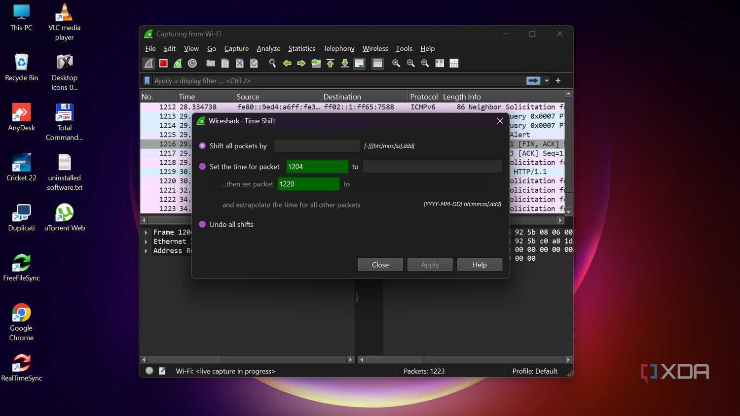 Wireshark time shift configuration
