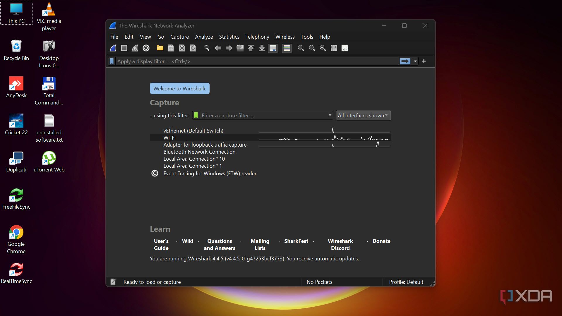 Wireshark welcome screen