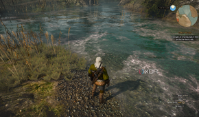 The Witcher 3's RT update running on an RTX 3060 Ti, showing Geralt standing near water