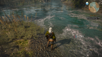 The Witcher 3's RT update running on an RTX 3060 Ti, showing Geralt standing near water