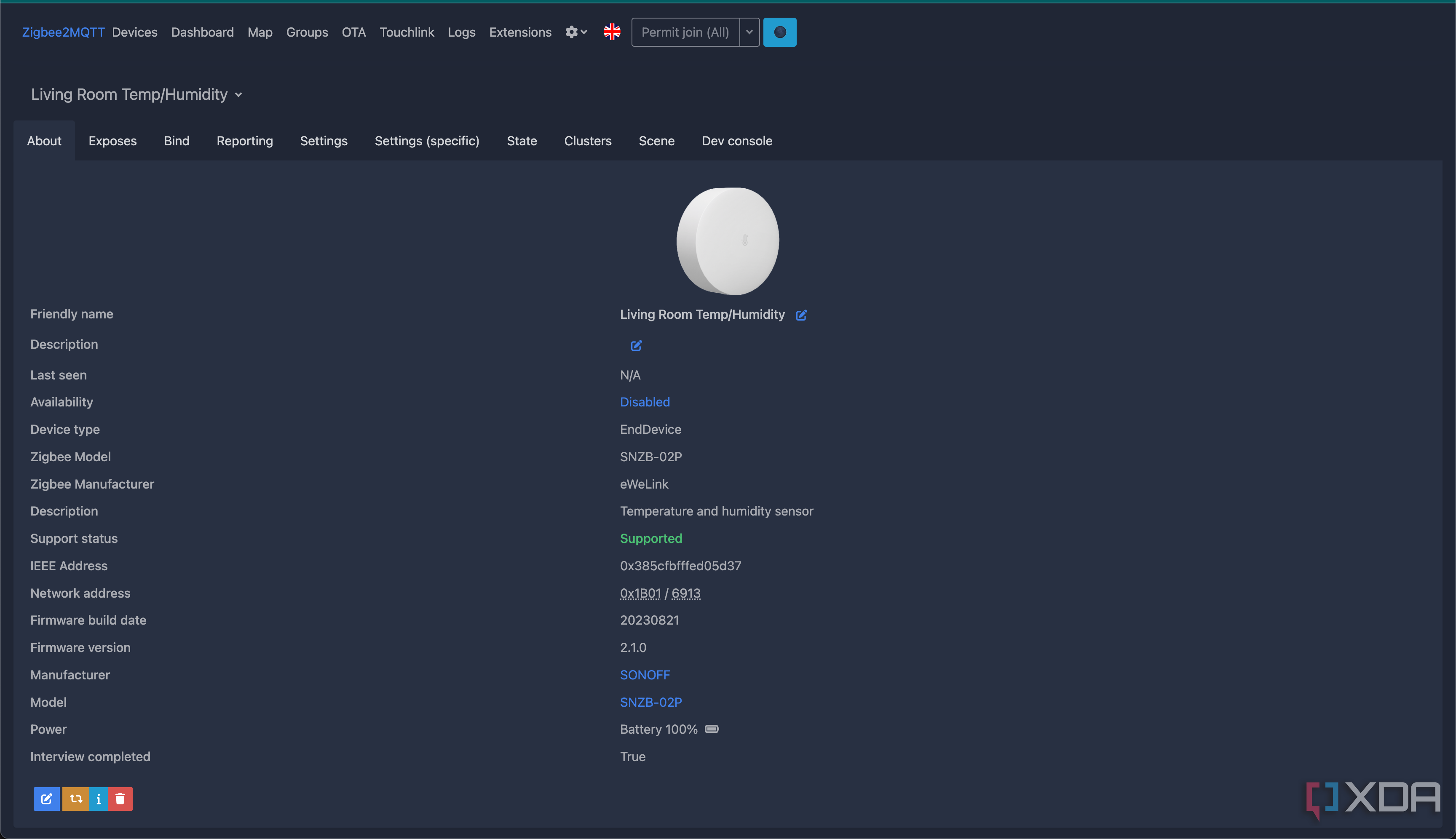 Screenshot of Zigbee2MQTT interface integrating a temperature sensor