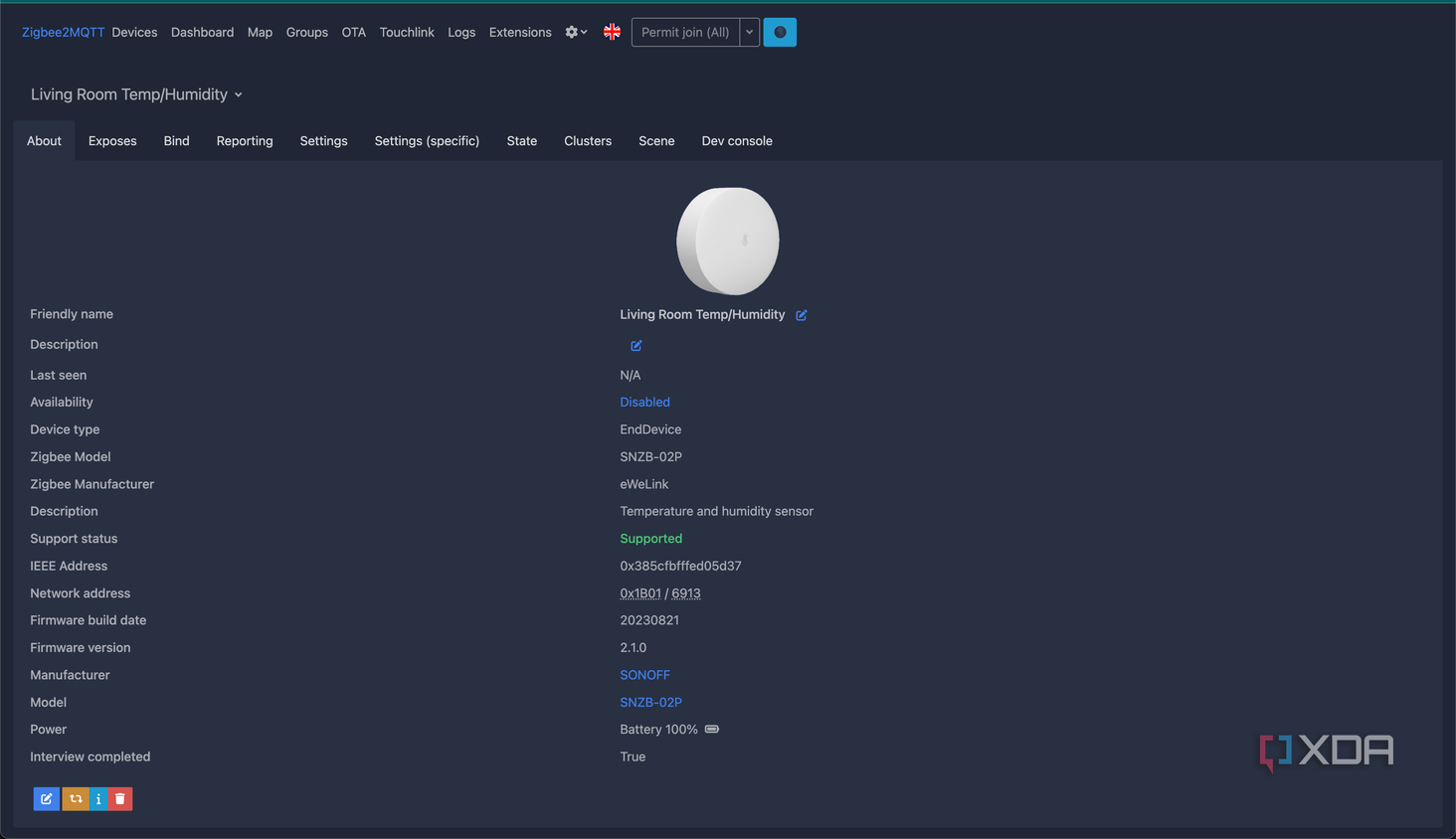 Screenshot of Zigbee2MQTT interface integrating a temperature sensor