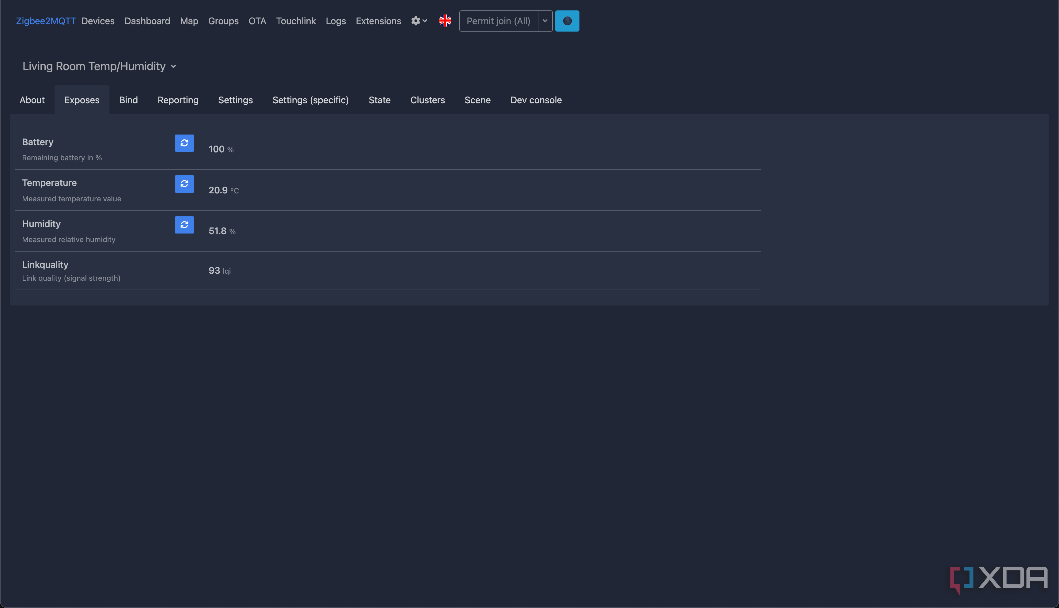 Screenshot of Zigbee2MQTT showing details from temperature sensor
