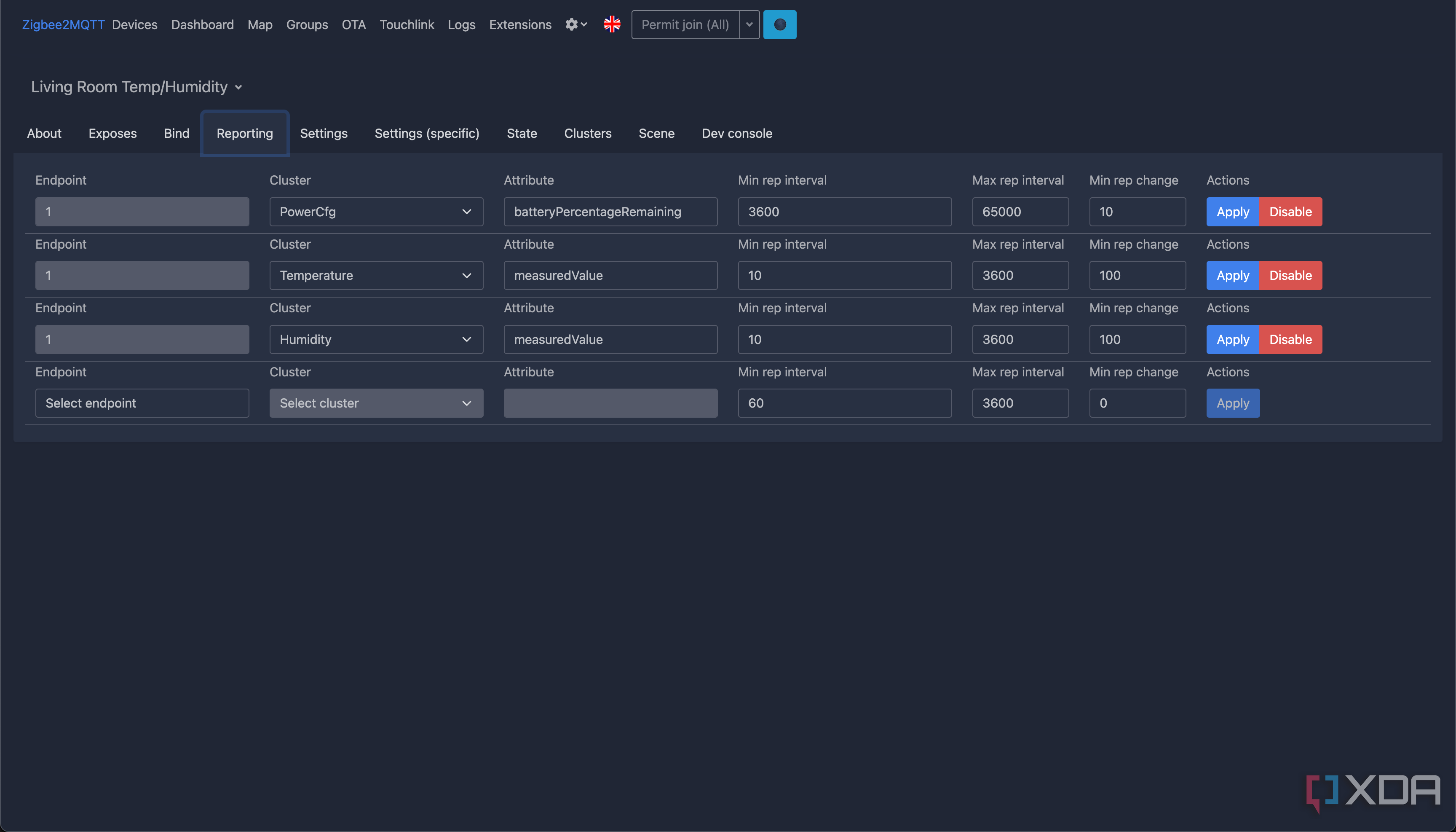 Screenshot of Zigbee2MQTT options for status reports of temperature sensor