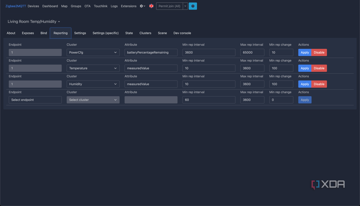 Screenshot of Zigbee2MQTT options for status reports of temperature sensor