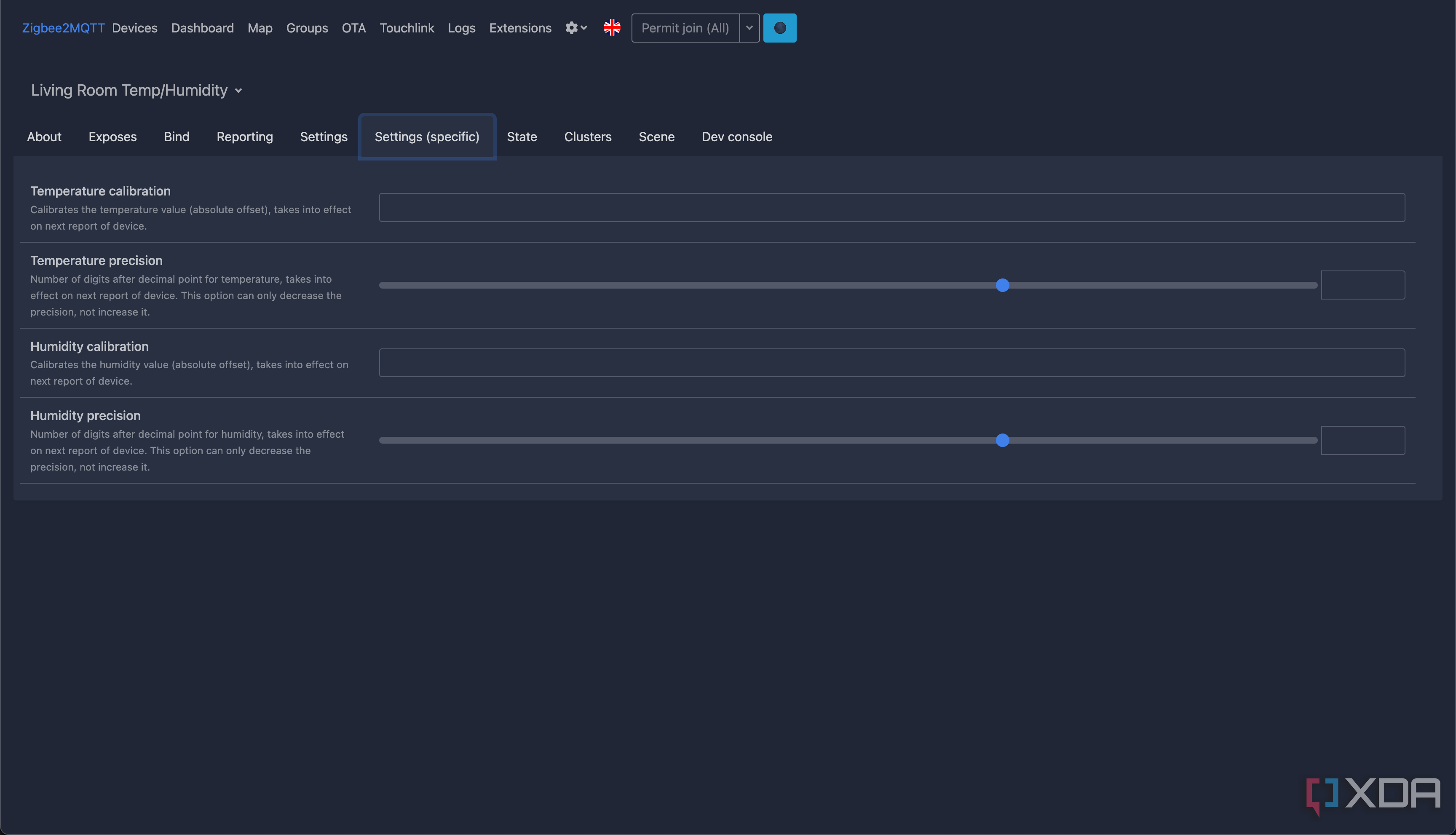 Screenshot of sensor calibaration settings in Zigbee2MQTT