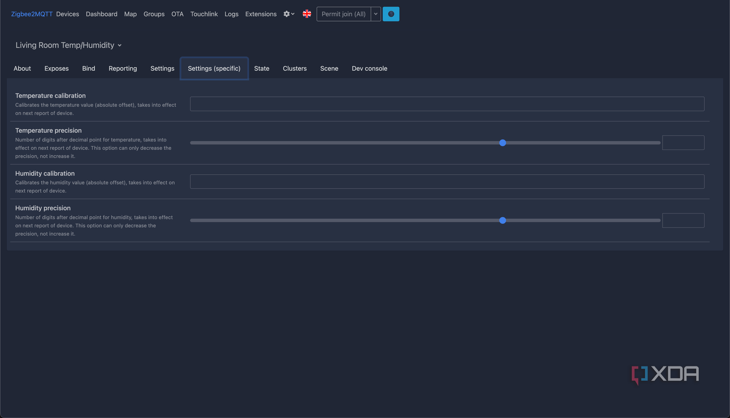 Screenshot of sensor calibaration settings in Zigbee2MQTT