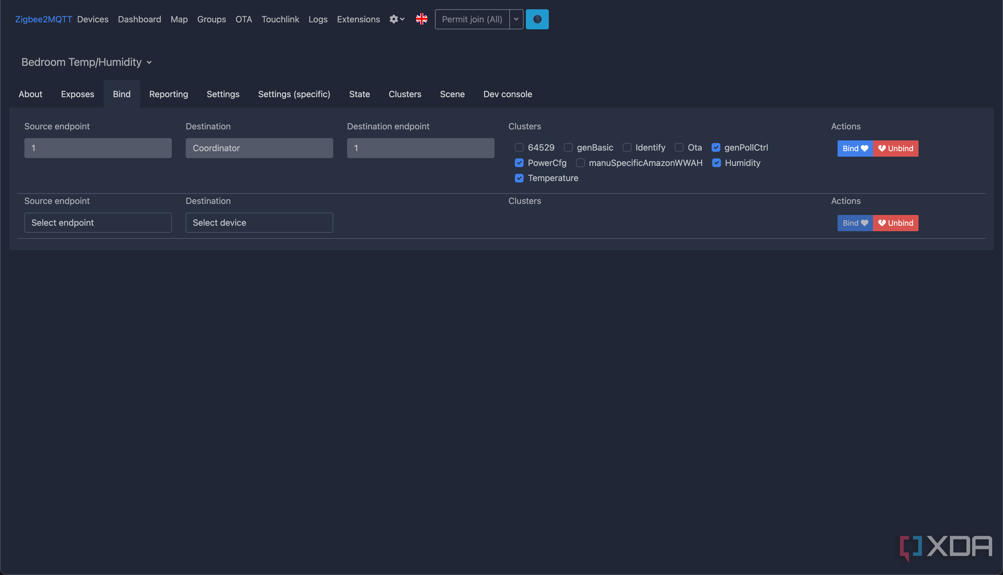 Screenshot of room or area-wise reports settings in Zigbee2MQTT