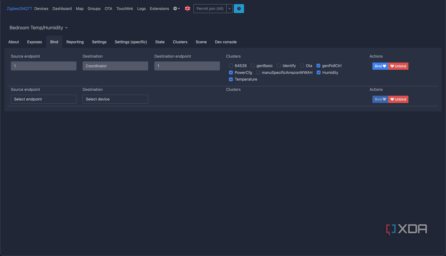 Screenshot of room or area-wise reports settings in Zigbee2MQTT