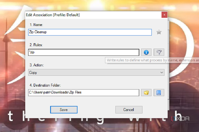 An example of editing a DropIt association.