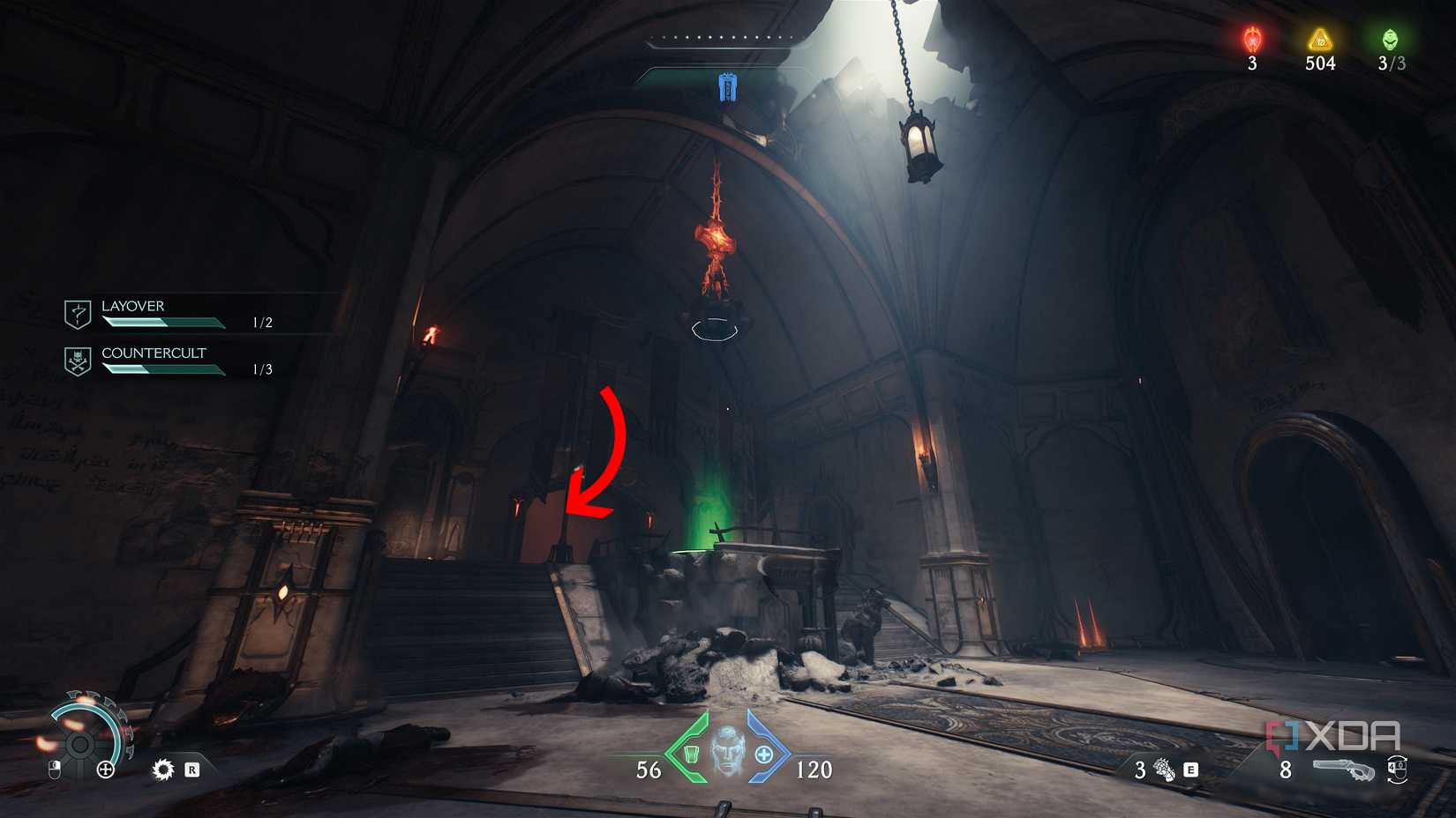 An arrow pointing towards the top of a flight of stairs in Doom: The Dark Ages.