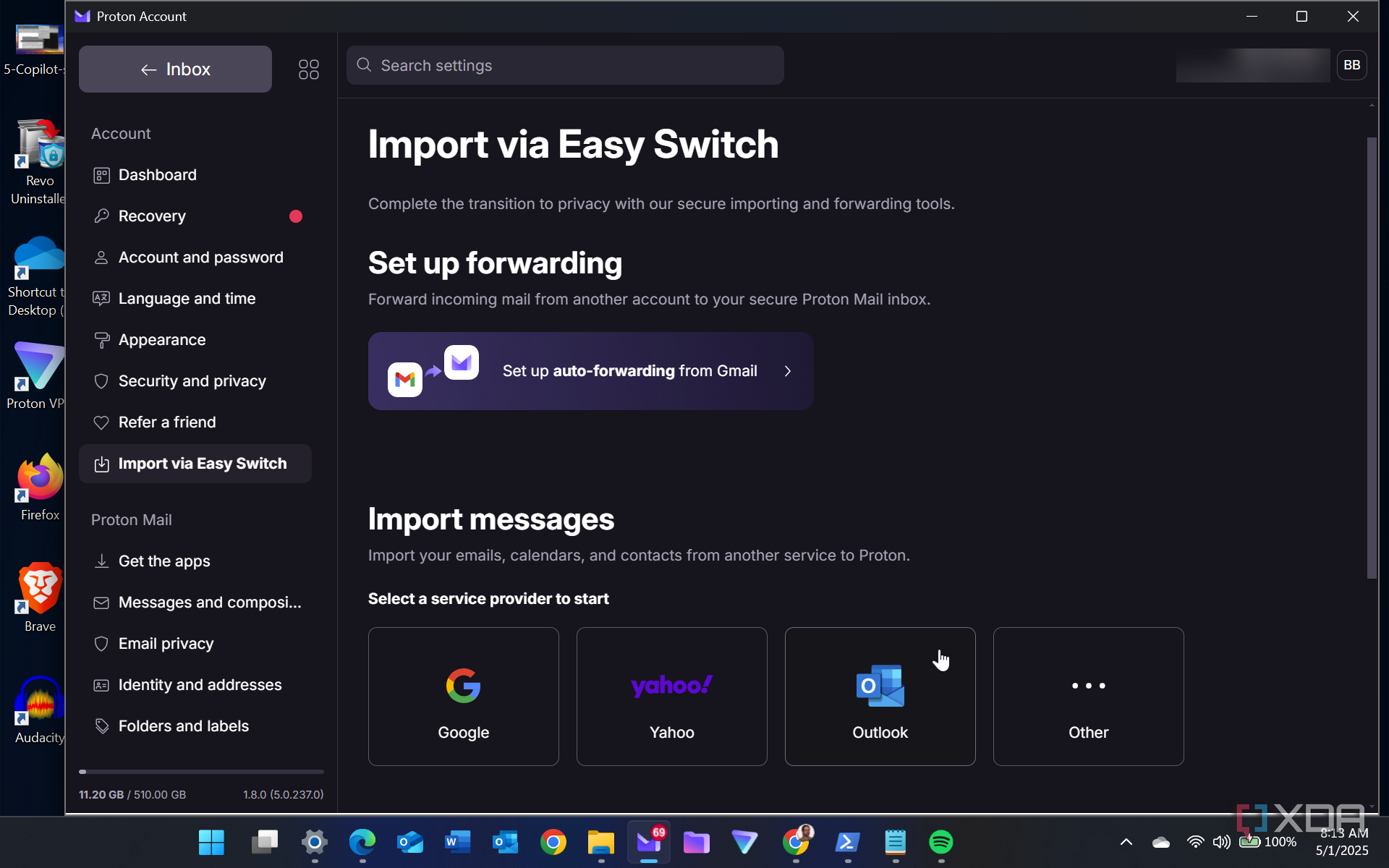 shows easy import switch in Proton Mail