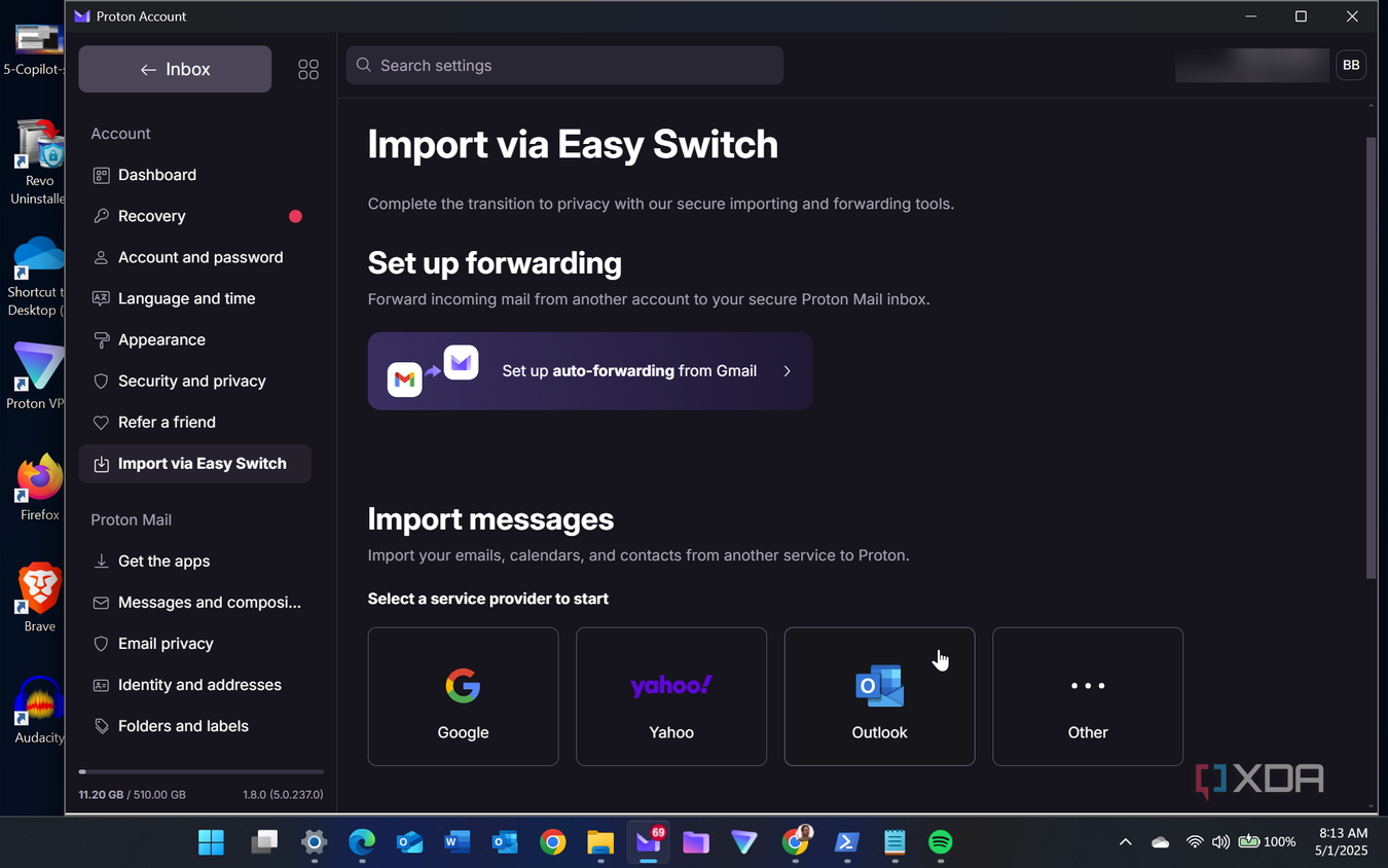 shows easy import switch in Proton Mail