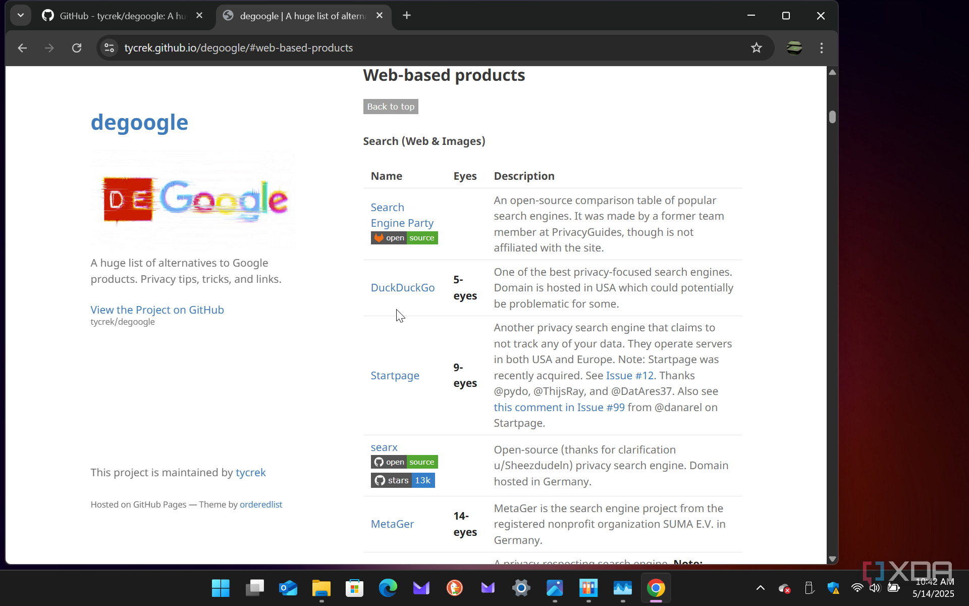 Shows degoogle webpage in Chrome