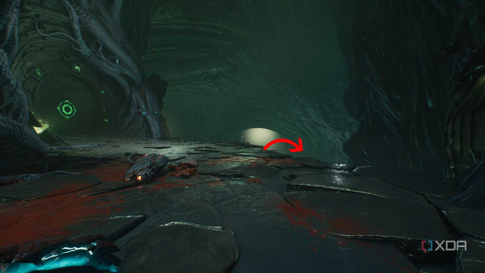 An arrow pointing down to secret area 8 in chapter 15 of Doom: The Dark Ages.