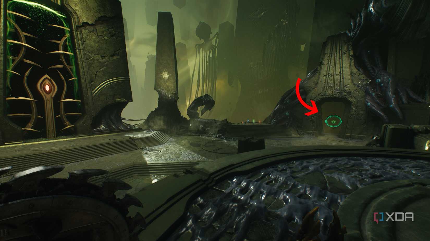 An arrow pointing towards the objective in chapter 15 of Doom: The Dark Ages.