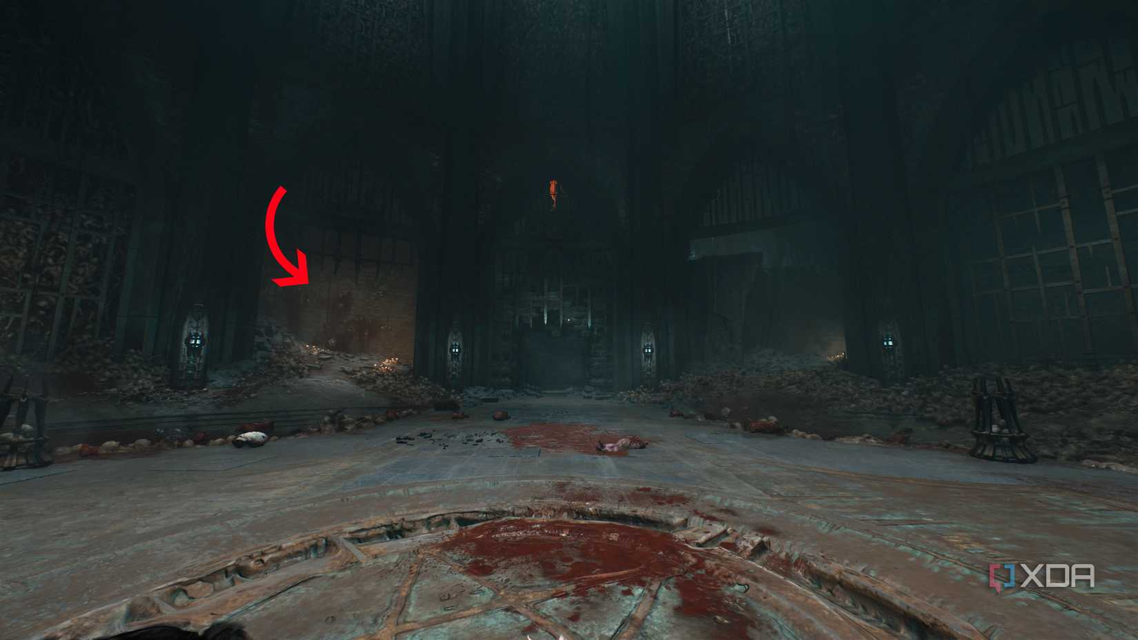 An arrow pointing to a candle-lit cove in the first area of chapter 19 of Doom: The Dark Ages.