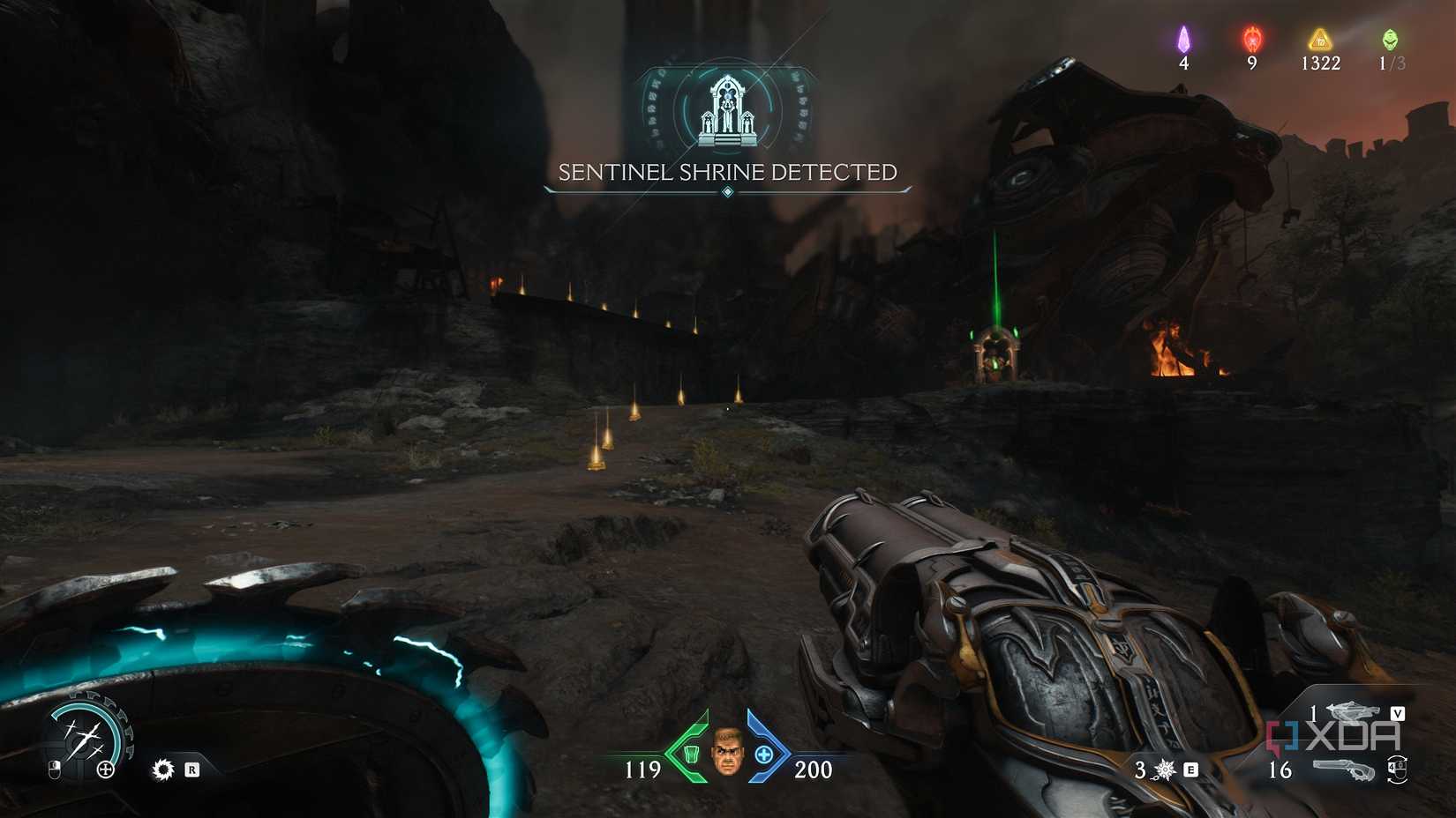 Trail of gold leading to a sentinel shrine in chapter 20 of Doom: The Dark Ages.