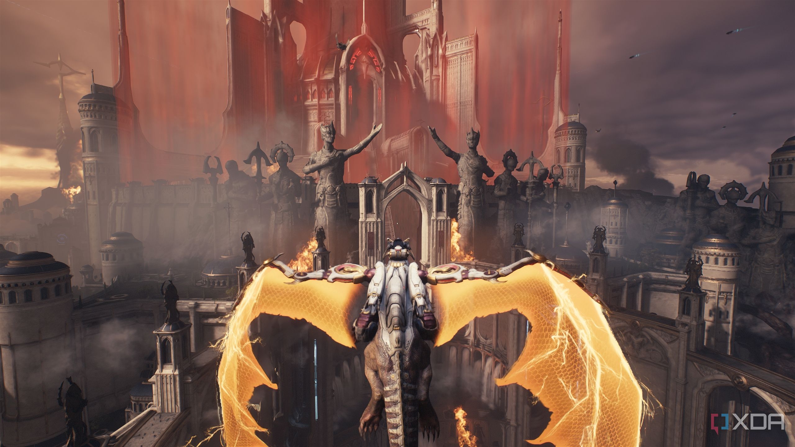 Serrat the dragon flying through the holy city in Doom: The Dark Ages.