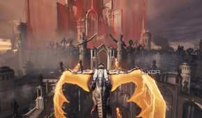 Serrat the dragon flying through the holy city in Doom: The Dark Ages.