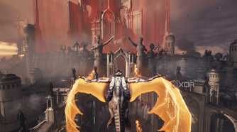 Serrat the dragon flying through the holy city in Doom: The Dark Ages.