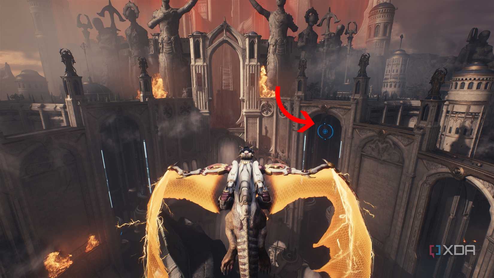 Serrat the dragon flying towards a health ring in Doom: The Dark Ages.