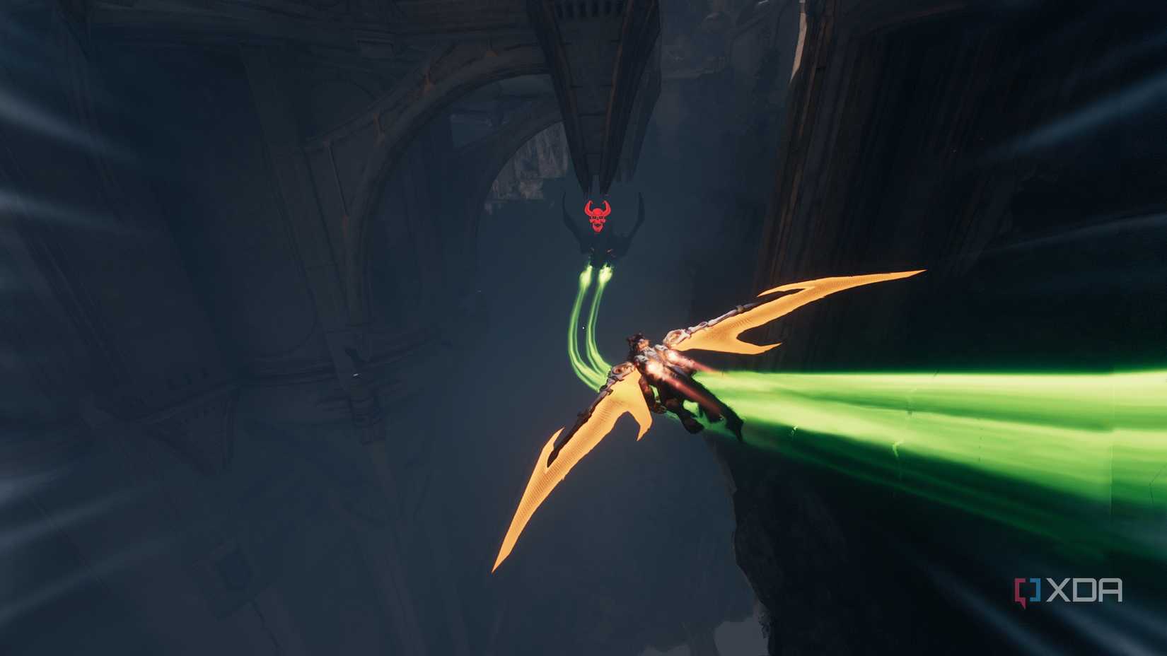 The dragon Serrat chasing a hell fighter ship with green streams in Doom: The Dark Ages.
