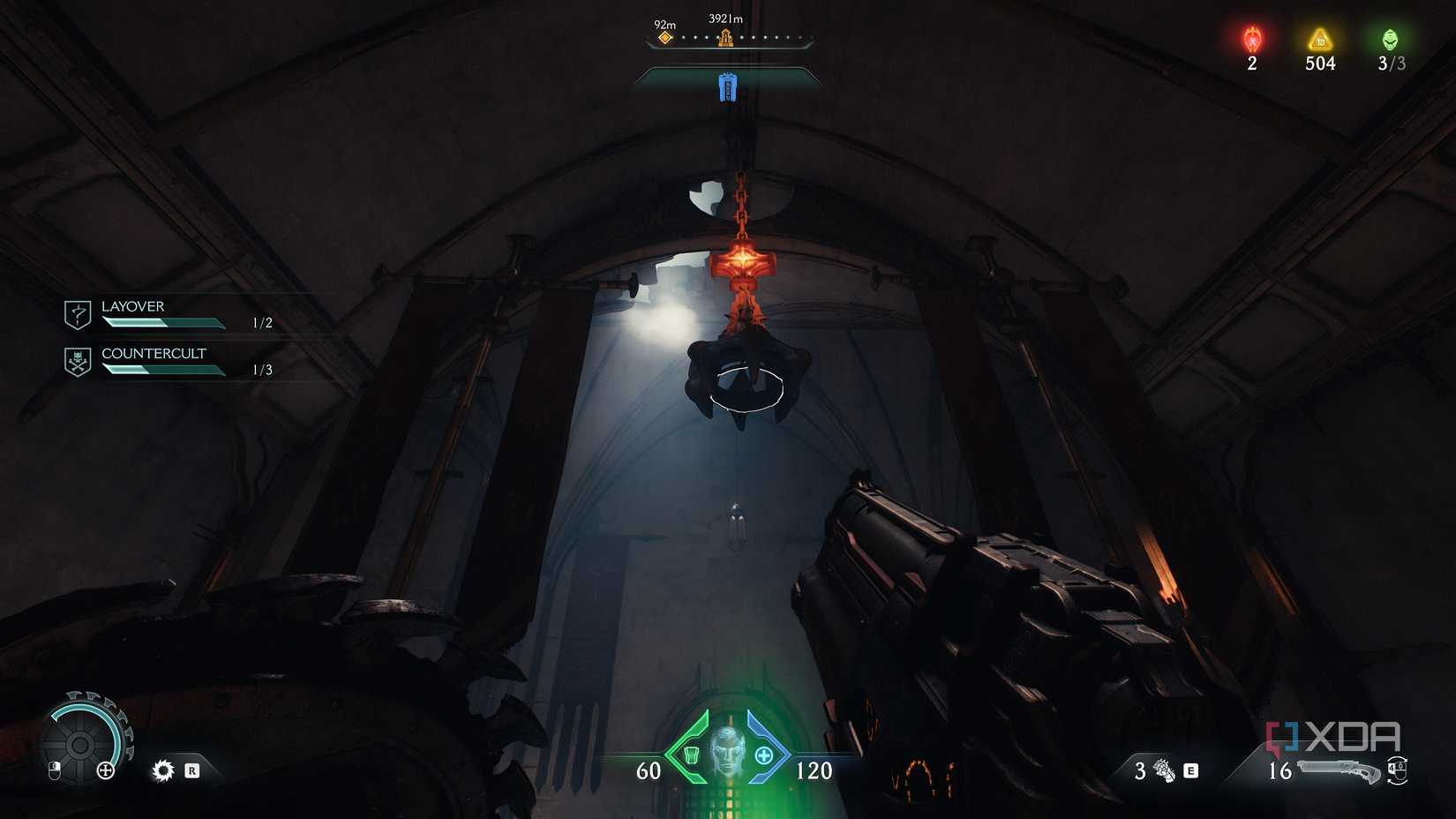 A heated metal cross hanging in the air in Doom: The Dark Ages.