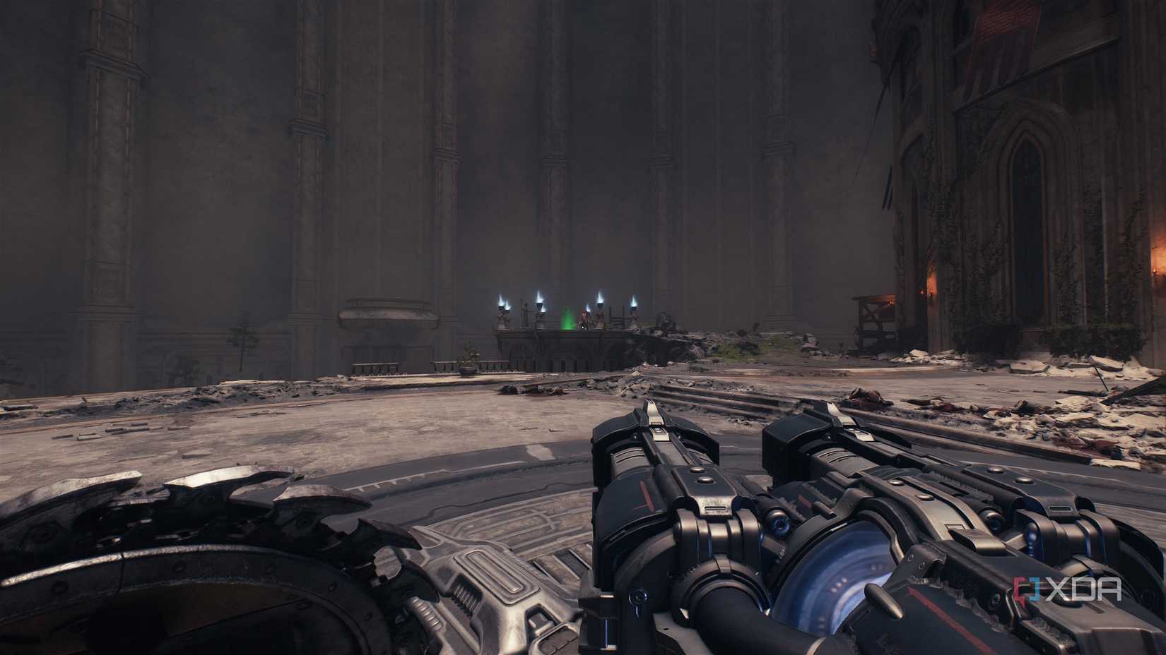 A platform with blue torches in Doom: The Dark Ages.