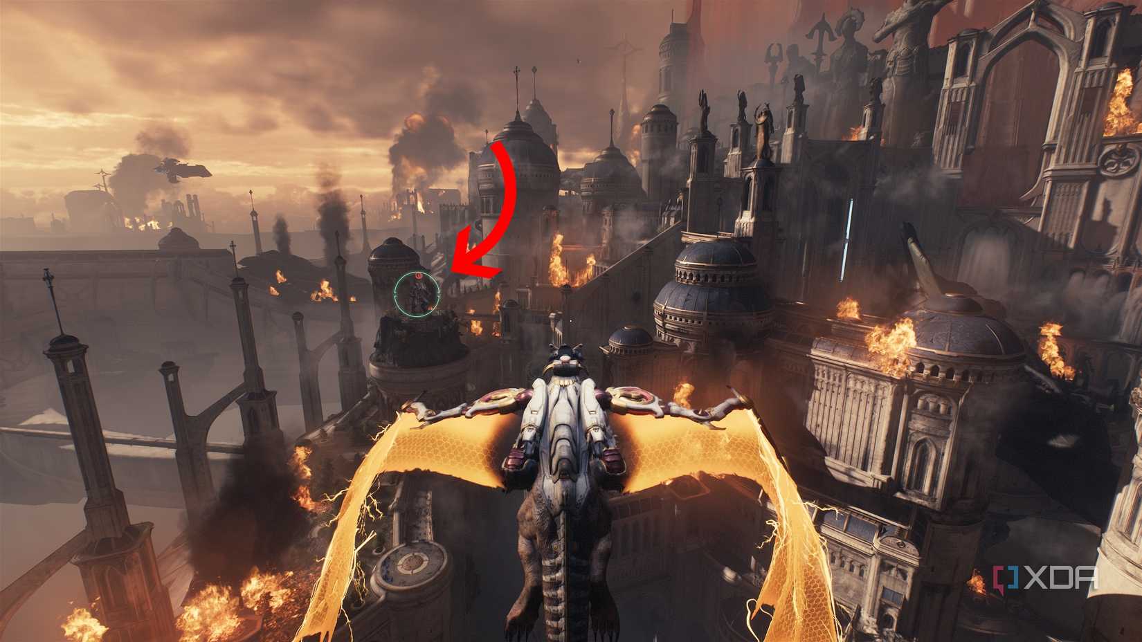 An arrow pointing to a secret landing zone in the Holy City of Aratum in Doom: The Dark Ages.