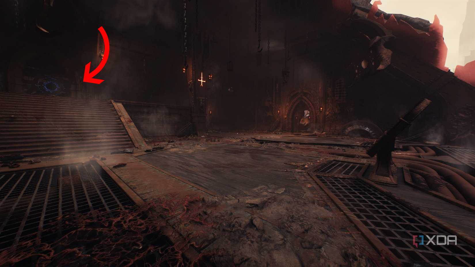 An arrow pointing to a wooden wall in Doom: The Dark Ages.