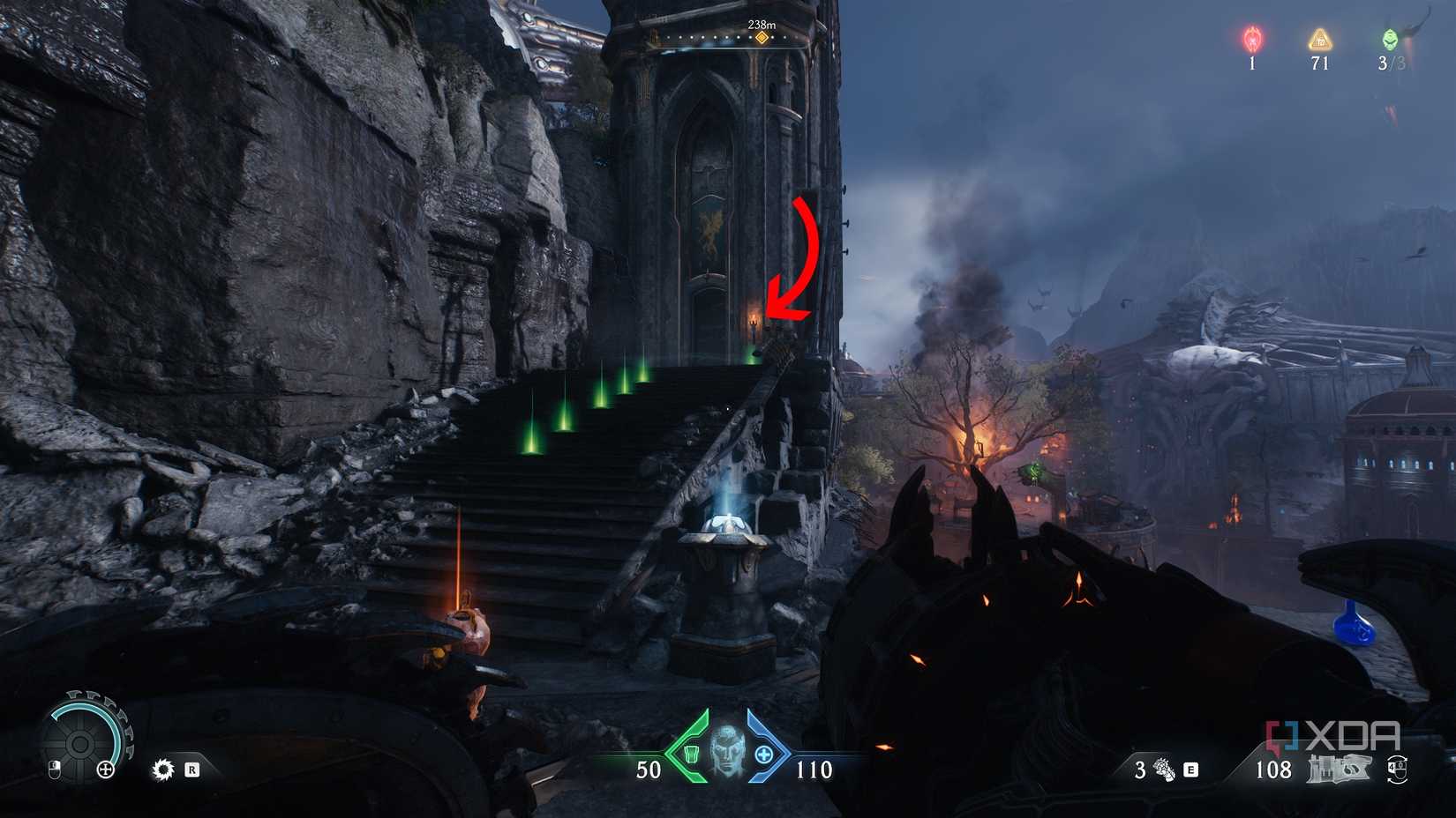An arrow pointing to the top of some stairs in Doom: The Dark Ages.