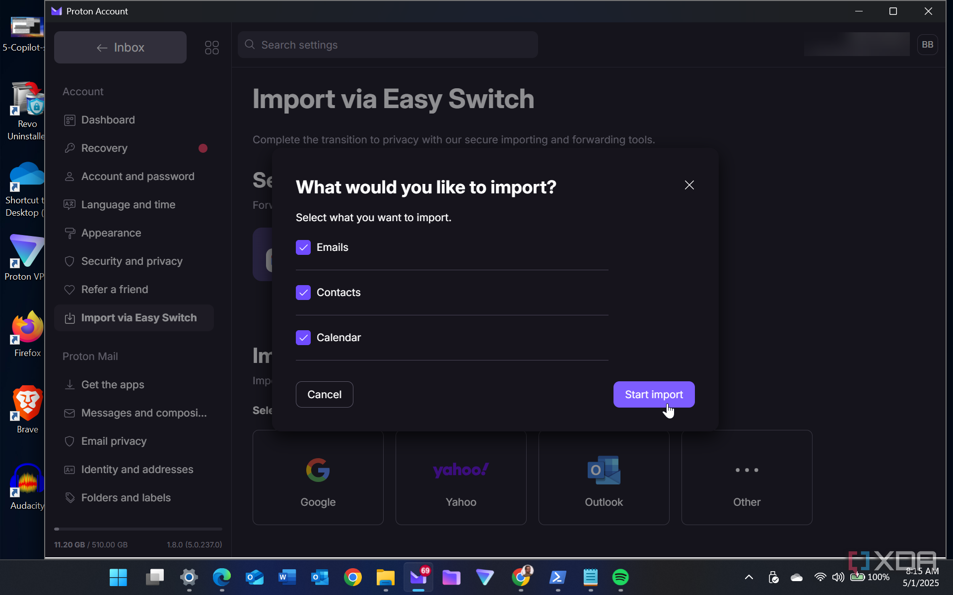 Shows selecting items to transfer Proton Easy Switch