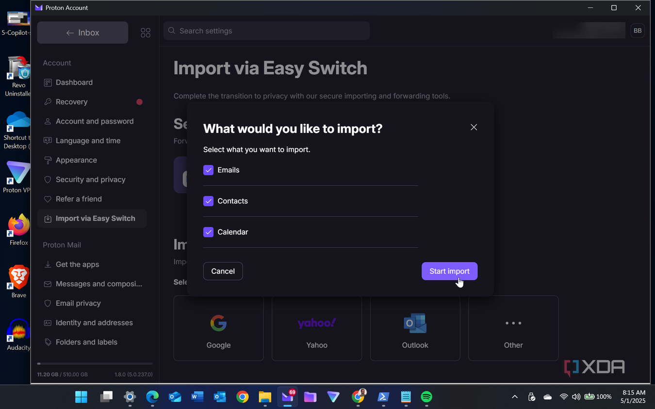 Shows selecting items to transfer Proton Easy Switch