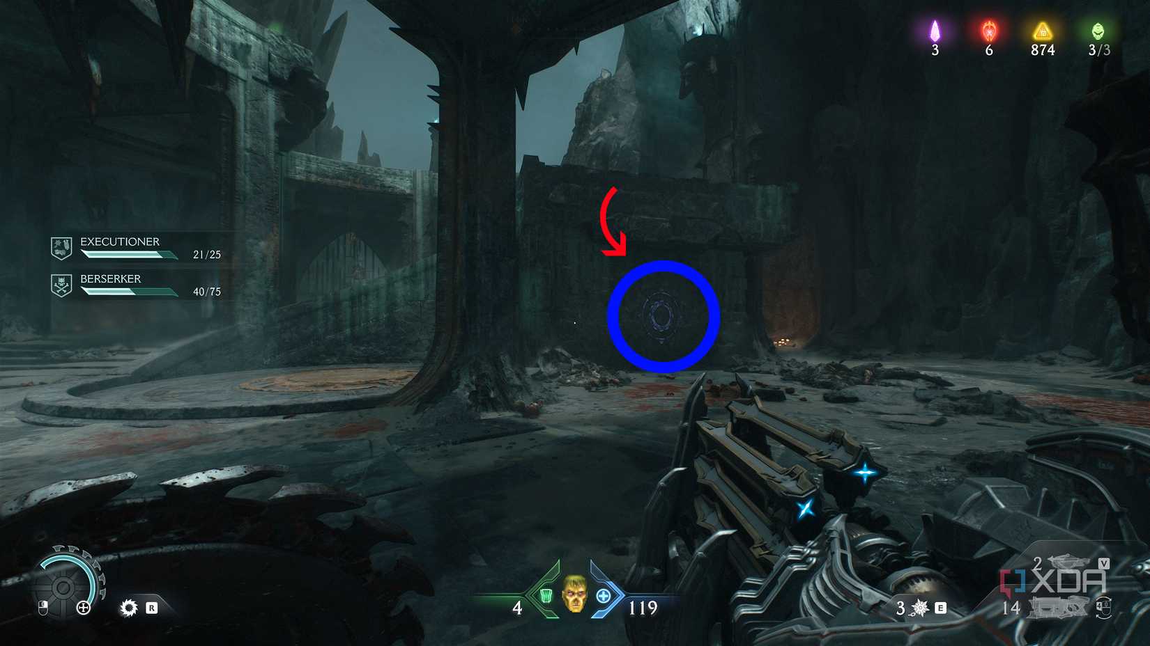An arrow pointing to a Shield symbol in the wall in chapter 19 of Doom: The Dark Ages.
